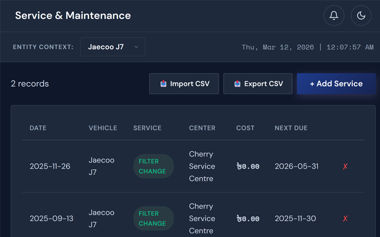 Service records timeline with maintenance costs